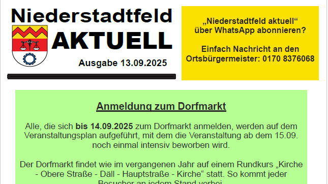 Niederstadtfeld aktuell am 13. September 2025