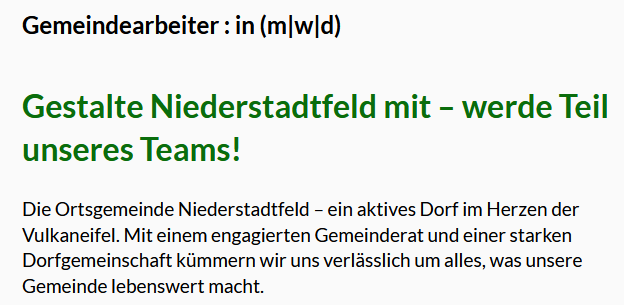 Gemeindearbeiter für Niederstadtfeld gesucht